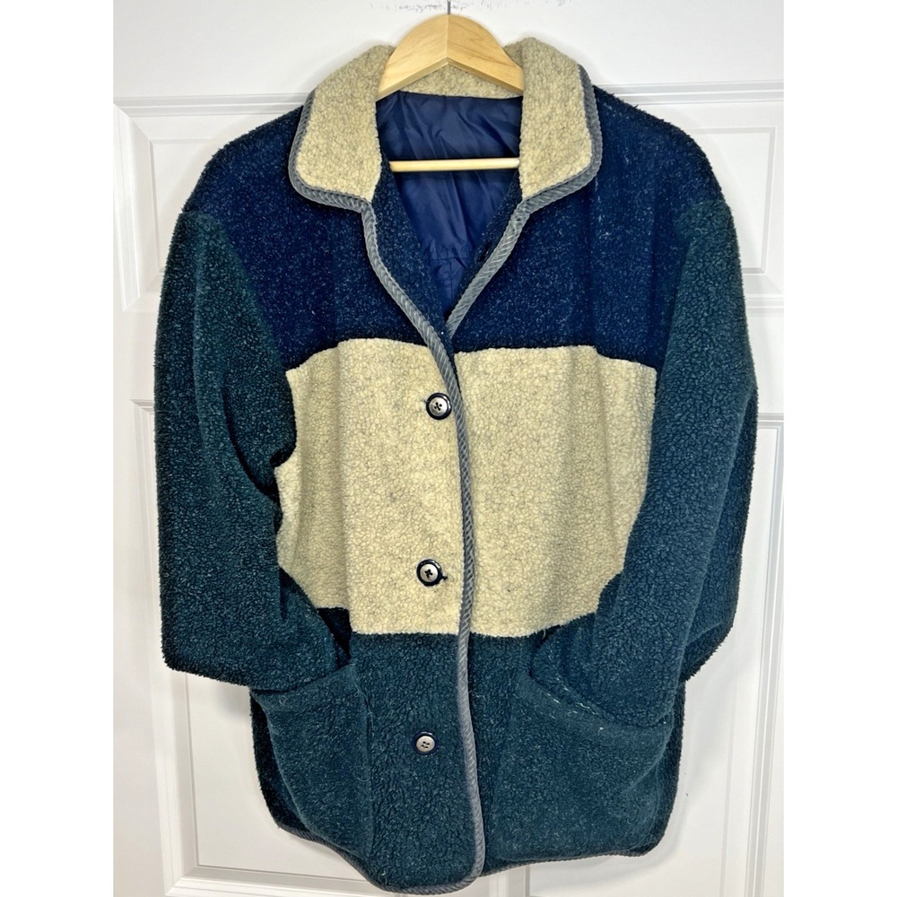 Mulberry Street Colorblock Fleece Retro Green Cream Button Up Y2K Women's Medium
